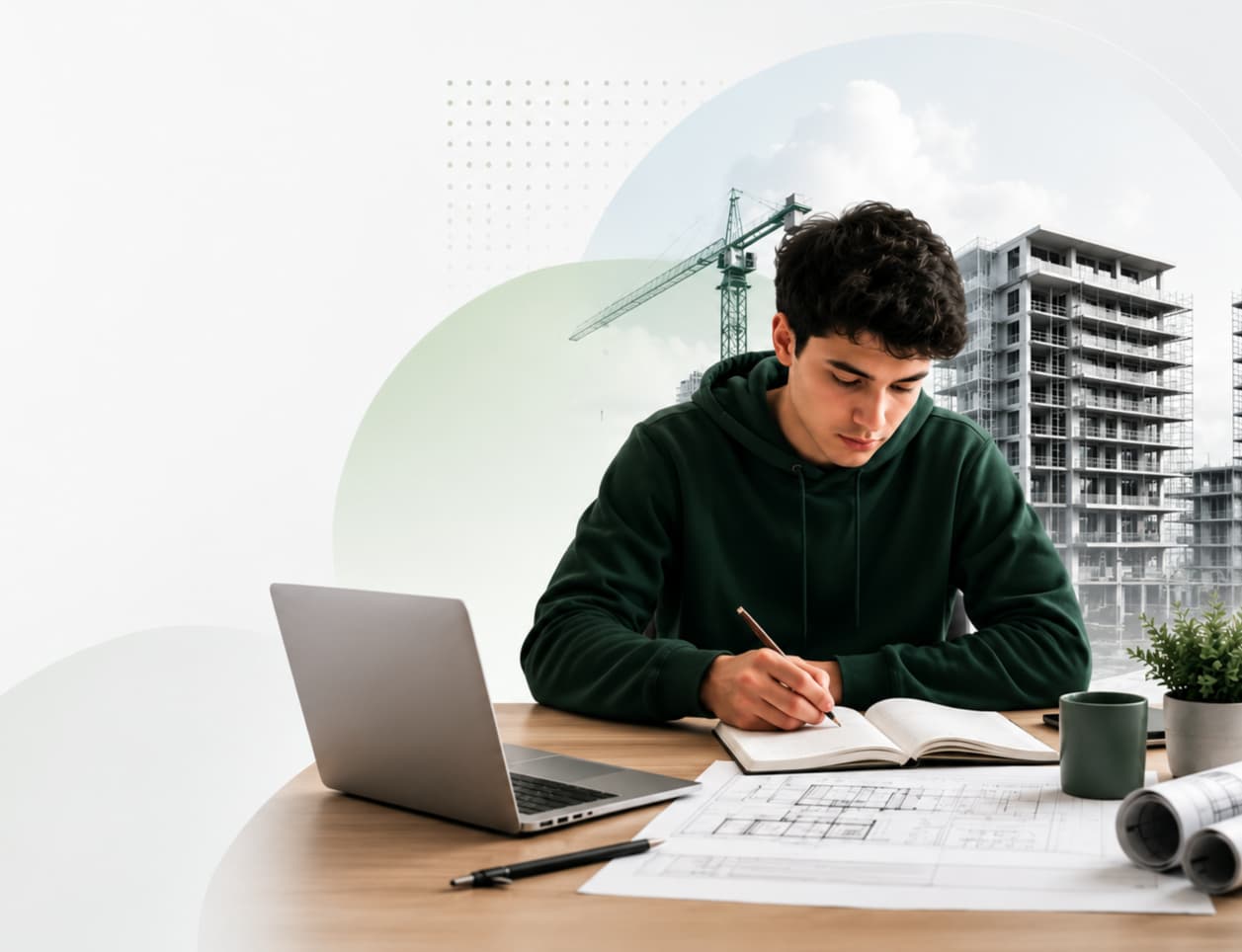 Student studying architecture and construction courses on a laptop with blueprints